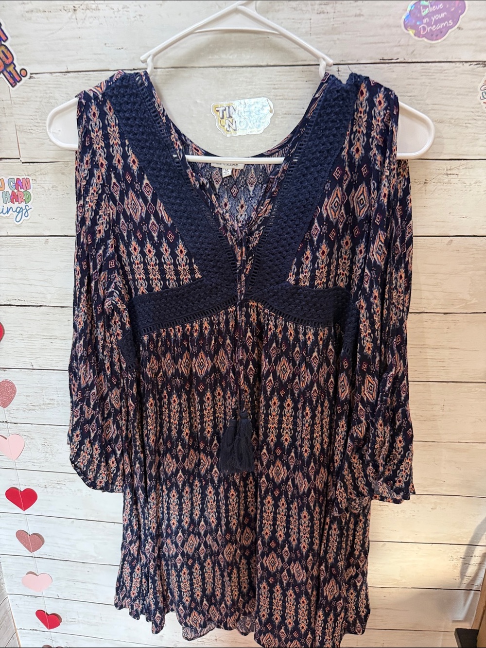 En Creme Navy and Pink Boho V‑Neck Tunic Dress with Crochet Trim